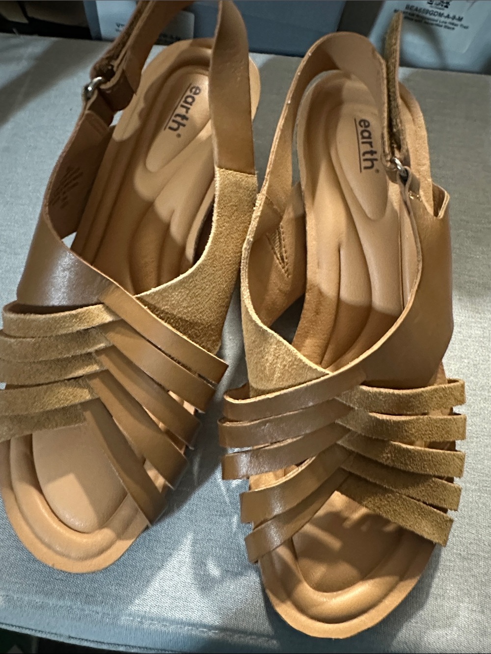 Earth tan strappy slingback sandals with layered straps